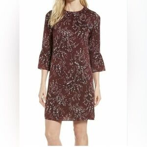 NORDSTROM | Burgundy patterened Long Sleeve bell sleeve Dress silk. Size 0